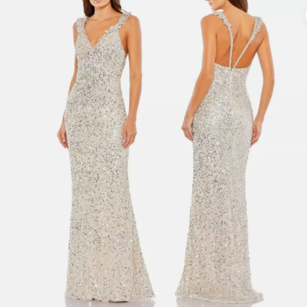 MAC DUGGAL 5674 EMBELLISHED RUFFLE STRAP TRUMPET NUDE SILVER GOWN sz 2